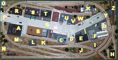 Building and structure placement plan for the Missouri Historical Society model railroad layout.