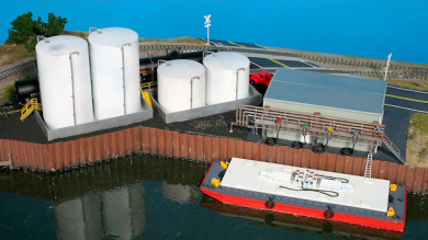 Buildings, Tow Boat, and Structures on the Riverport Small Model Railroad Layout