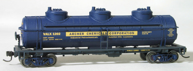 VALX 1202 is a custom painted and decaled Athearn 3-dome tank car .