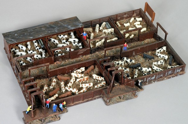 Upgraded Walthers Cornerstone cattle stockyard kit in HO scale.
