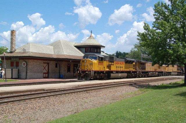 This is UP SD 80 MAC #8066, on the point of an empty coal train westbound at the historic Kirkwood Station and headed back to the Wyoming coal fields.