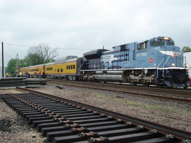 Union Pacific's Operation Lifesaver train makes a call at Pacific, MO, on a rainy morning.