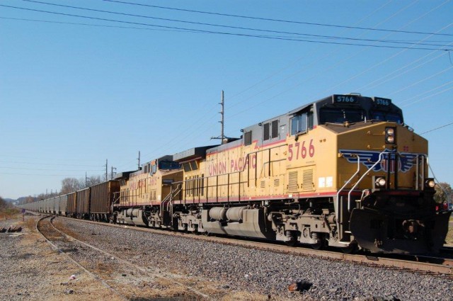 This time, it's a loaded coal train, and the location is downtown Eureka, MO. That's UP AC 44CW number 5766 on the point.