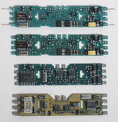 Pictured, from top to bottom: Digitrax DH150K, Digitrax DH150A, NCE DA-SR, Atlas 340.