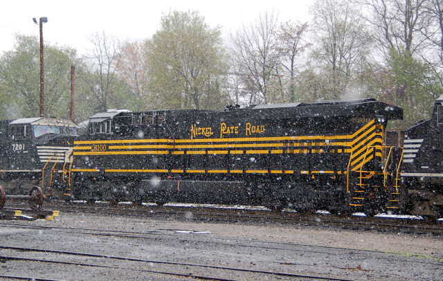 Rail fans from all over spent the week chasing and looking for three Heritage units thought to be in the area. We did see the Lehigh Valley early in the morning before anyone even got up, but not again; we never caught a glimpse of the Pennsylvania unit; but we did find the Nickel Plate tied down between two NS units in the yard in South Fork. It went east later that night, well after dark.