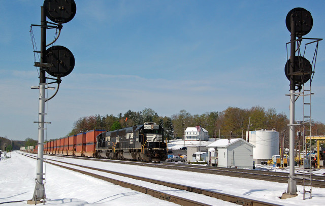 Stack train headed up grade at Cresson on a beautiful winter day ... but it's spring!