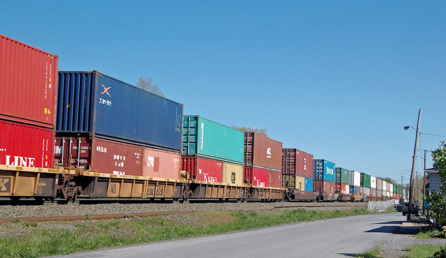 Long line of colorful stacks headed east at Lilly, PA.