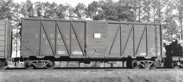 Georgia Railroad war emergency single-sheathed box car 19870 on the ACL in Fayetteville, North Carolina, February 22, 1959. Photo by Chet McCoid. Bob’s Photo.