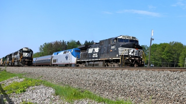 While the freight in the previous photo was stopped, the morning Amtrak Pennsylvanian, on its way from Pittsburgh to New York City, needed an assist from Norfolk Southern, thus, an unfamiliar site of an NS freight engine on the lead.
