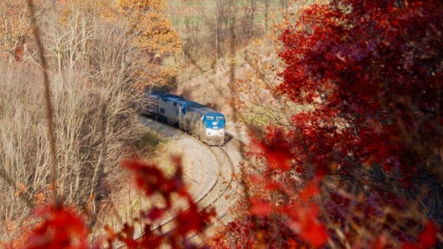 Amtrak’s Capitol Limited speeds toward Washington, D.C. along Mance Curve on the old B&O line west of Cumberland, Maryland. This is just east of railfan favorite Sand Patch.