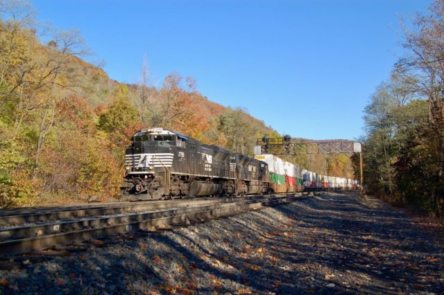 This is at MG, halfway down the mountain between Gallitzin and Altoona, Pennsylvania. It is a couple of miles before the train starts around the world famous Horseshoe Curve. This is a highly desired location for rail photographers visiting the Horseshoe Curve.