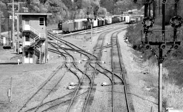Track maze at Mexico Tower (now closed) at the east end of the Cumberland, Maryland yard on the CSX line.