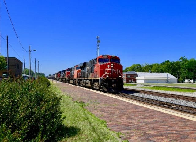 Historically Illinois Central rails now belong to Canadian National; here at Centralia, Illinois is this “rolling pipeline” unit train headed north.